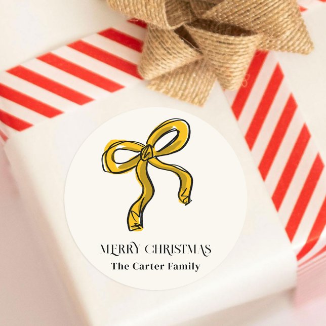 Adesivo Arco de Natal Dourado Amarelo Cor da Água (Yellow Gold Watercolor Christmas Bow Illustrated Sketch Classic Round Sticker)