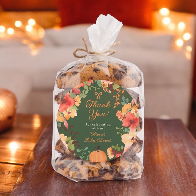 Adesivo Arco de queda Boho Bompkin obrigado floral chá de  (Fall Bow Boho pumpkin floral thank you baby shower Classic Round Sticker on green)