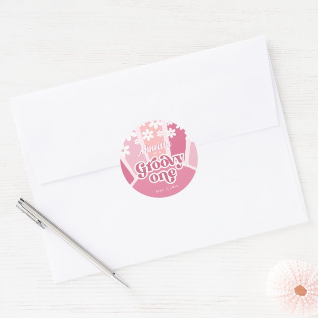 Adesivo Arco-Íris Cor-de-rosa Um Retro Daisy Primeiro Aniv (Envelope)