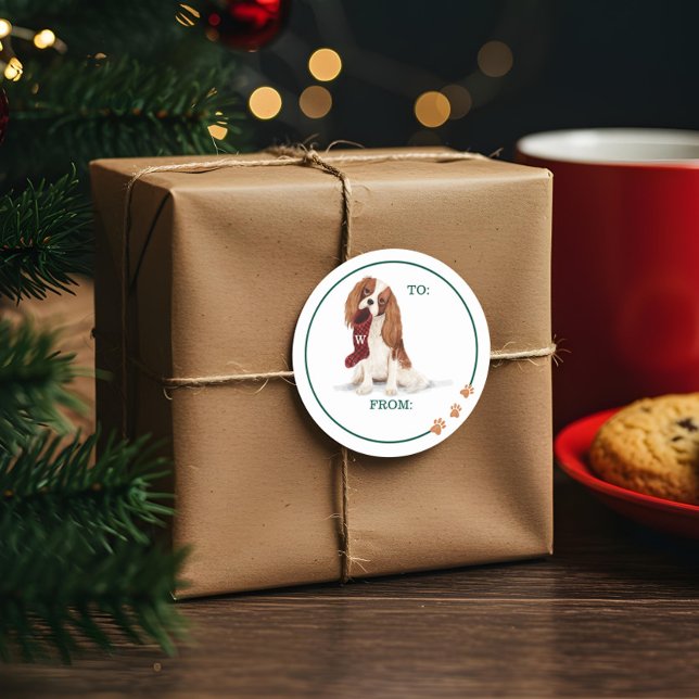 Adesivo Arranque de Spaniel Cavalier de Aquarela de Cães R (Naughty Dog Watercolor Cavalier Spaniel Stocking Classic Round Sticker)