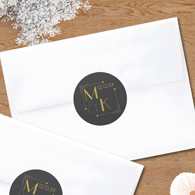 Adesivo Art Deco 1920 Negra Dourada (Just add your wedding date and initials to these elegant black and gold wedding sticjers)