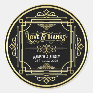 Adesivo Art Deco Casamento Amor e Obrigados Dourado Favor 