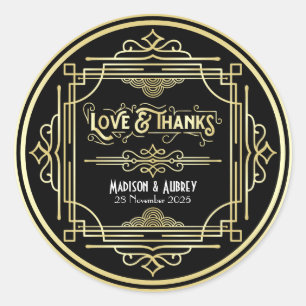 Adesivo Art Deco Casamento Amor e Obrigados Dourado Preto 