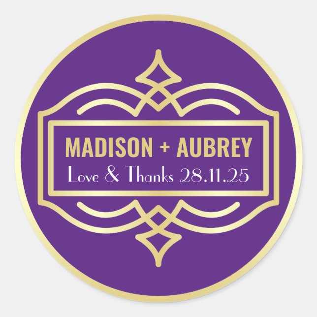 Adesivo Art Deco Casamento Amor e Obrigados Dourado Púrpur (Frente)