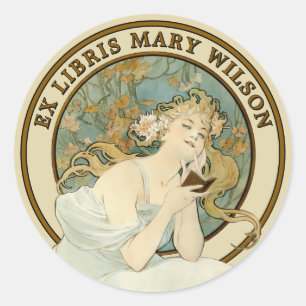 Adesivo Art Nouveau Mulher e Livro Mucha Ex Libris Modelo