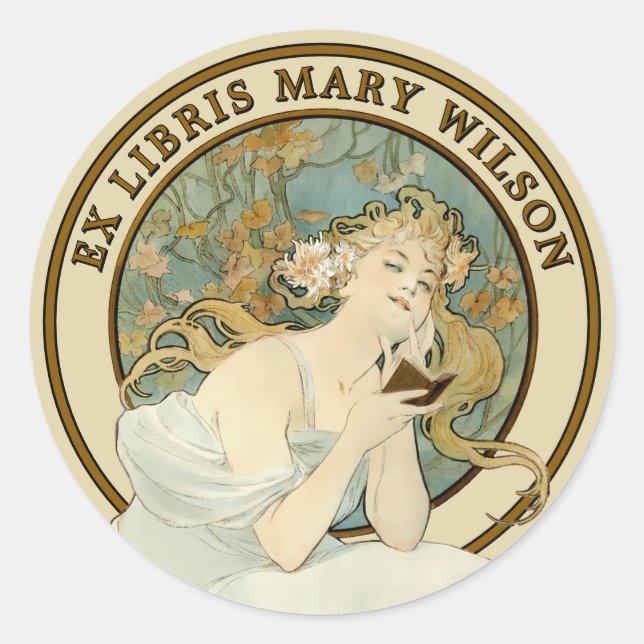 Adesivo Art Nouveau Mulher e Livro Mucha Ex Libris Modelo (Frente)