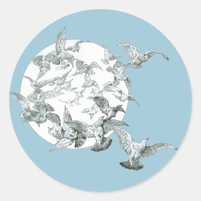 Adesivo Arte Antiga Arte Nova Rebanho de Pássaros com Lua  (Frente)