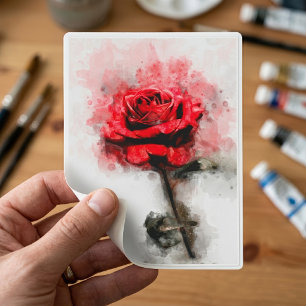 Adesivo Arte de Aquarela de Rosa Vermelha em Fundo Branco