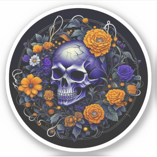 Adesivo Arte de IA de caveira e flores laranja (Frente)