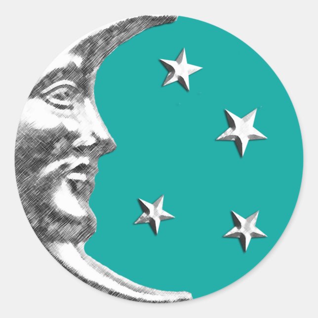 Adesivo Arte Deco Moon e Estrelas - Turquesa e Prata (Frente)