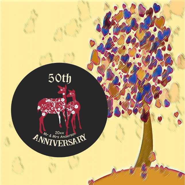 Adesivo Arte Decorativa do Casal Reindeer, 50 anos (50th Anniversary Reindeer Couple Decorative Art Classic Round Sticker)