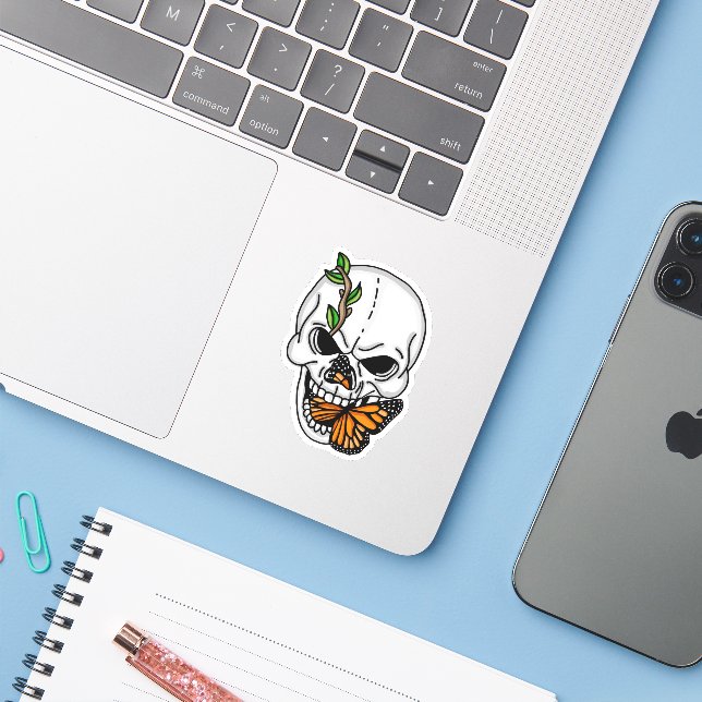 Adesivo Arte Digital Crânio e Borboleta (Notebook com iPhone)
