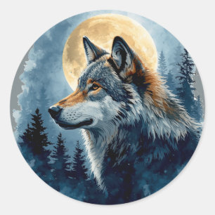Adesivo Arte em Aquarela do Lobo da Lua Mística Floresta