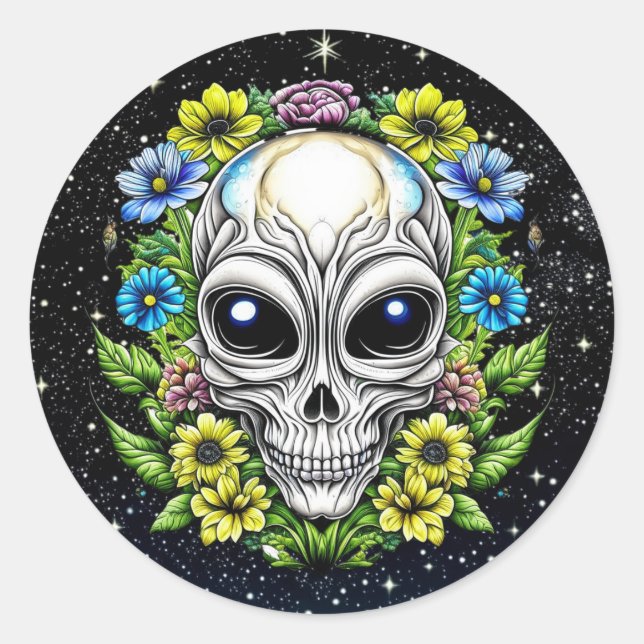 Adesivo Arte Extraterrestre do Crânio de Alienígena Floral (Frente)