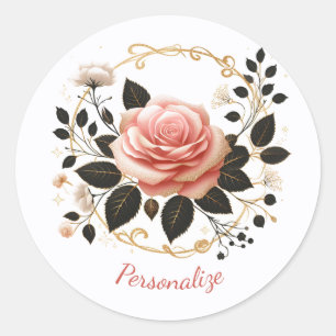 Adesivo Arte Floral Rosa Elegante & Dourada Personalizável