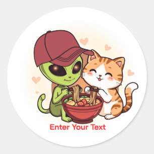 Adesivo Arte Kawaii de Alien e Gato Compartilhando Ramen