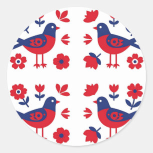 Adesivo Arte Popular Padrão Floral Pássaro Azul Vermelho