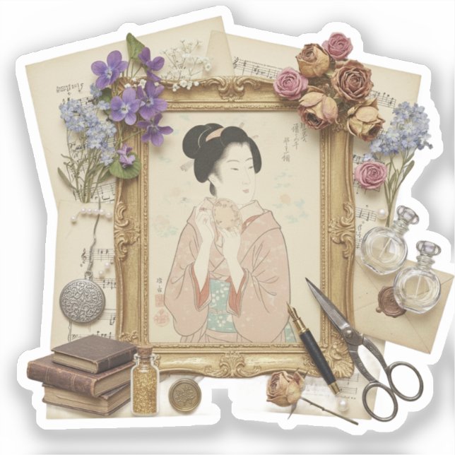 Adesivo Arte sofisticada de colagem Ukiyoe – Beleza vintag (Frente)