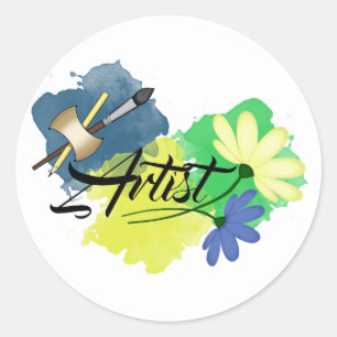 Adesivo Artista. Desenho. Azul e amarelo. Pincel e