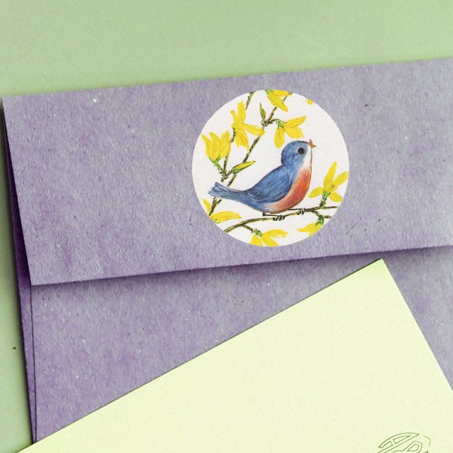 Adesivo Árvore azul de pássaro cante bonito (Little red blue singing bird on branch with yellow flowers on white round sticker.)