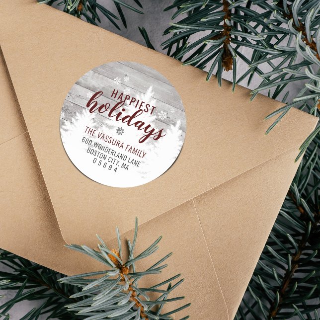 Adesivo Árvore de Inverno em Madeira Rústica Endereço de D (Rustic Wood Winter Tree Burgundy Return Address Classic Round Sticker)