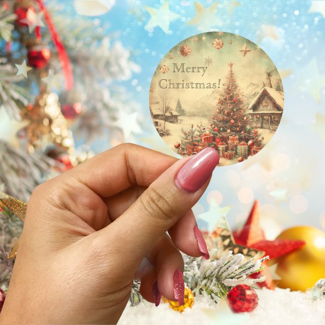 Adesivo árvore de natais vintages personalizada (Vintage Christmas tree personalized Classic Round Sticker)