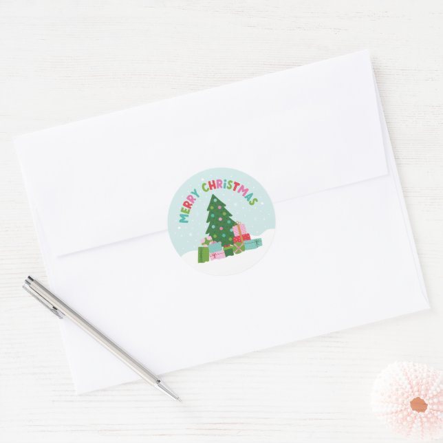Adesivo Árvore de Natal Alegre com Presentes em Azul Água (Envelope)