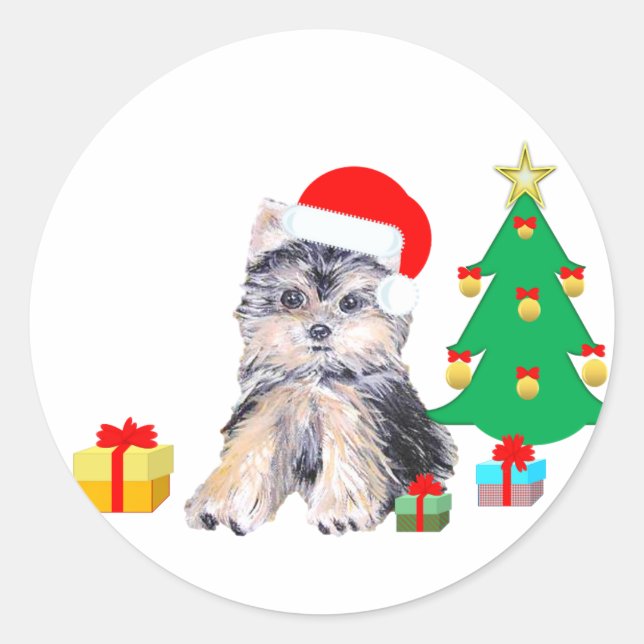 Adesivo Árvore de Natal, cachorro Yorkshire e presentes (Frente)