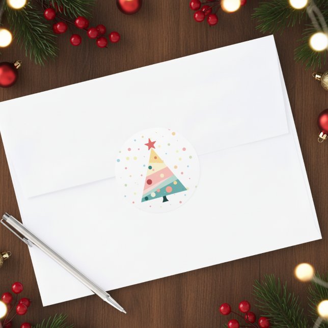 Adesivo Árvore de Natal Caprichosa Moderna em Tons Pastel  (Modern Pastel Polka Dot Christmas tree round sticker)