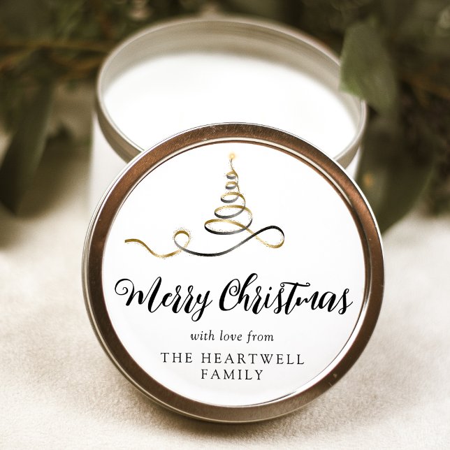 Adesivo Árvore de Natal com Fita de Ouro Preto Script Feli (Criador carregado)