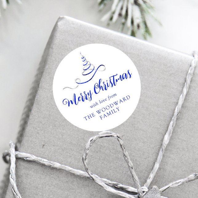 Adesivo Árvore de Natal com Fita Prateada Azul Script Feli (Criador carregado)