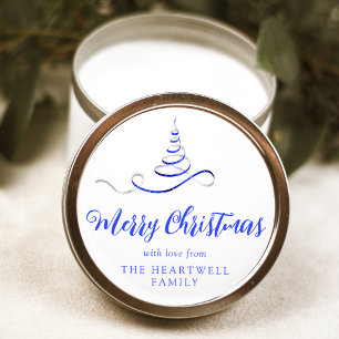 Adesivo Árvore de Natal com Fita Prateada Azul Script Feli