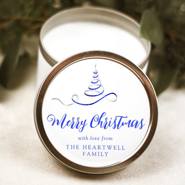 Adesivo Árvore de Natal com Fita Prateada Azul Script Feli (Criador carregado)