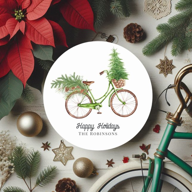 Adesivo Árvore de Natal de Bicicleta Retrô e Pinheiros de  (Retro Bicycle Christmas Tree and Pines Holiday Classic Round Sticker)
