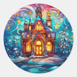 Adesivo Árvore de Natal e Casa Colorida de Vidro Pintado