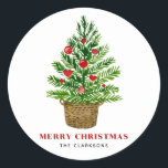 Adesivo Árvore de Natal Festiva no Wicker Basket Christmas<br><div class="desc">Árvore natalina de aquarela com um adesivo de férias em cesto de vime | Este adesivo de Natal personalizável apresenta uma árvore de Natal com ornamentos vermelhos em uma cesta mais vadia. Personalize adicionando seus próprios detalhes. Este será perfeito como um convite ou um selo de cartão de férias. Itens...</div>