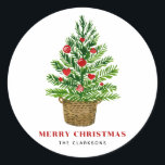 Adesivo Árvore de Natal Festiva no Wicker Basket Christmas<br><div class="desc">Árvore natalina de aquarela com um adesivo de férias em cesto de vime | Este adesivo de Natal personalizável apresenta uma árvore de Natal com ornamentos vermelhos em uma cesta mais vadia. Personalize adicionando seus próprios detalhes. Este será perfeito como um convite ou um selo de cartão de férias. Itens...</div>