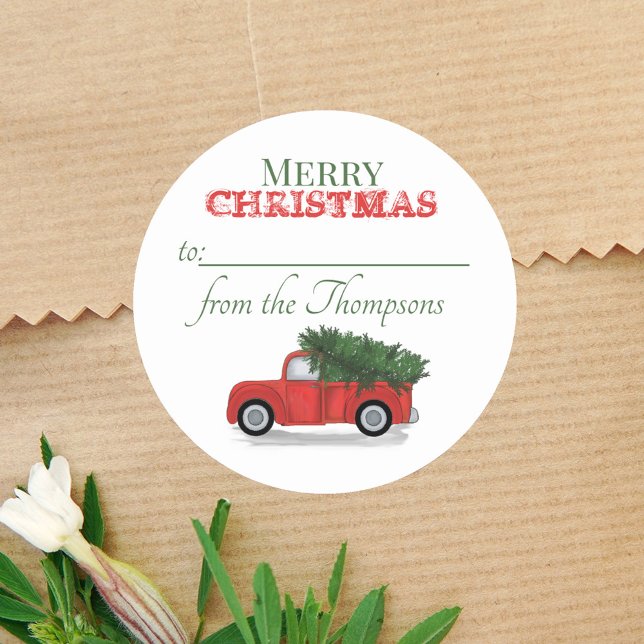 Adesivo Árvore De Natal Russo De Caminhão Vermelho Para A  (Merry Christmas Rustic red truck watercolor to and from gift sticker. )