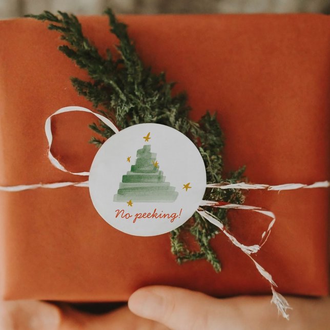 Adesivo Árvore de Natal Sem Aquarela de Pequim (No Peeking Starlit Watercolor Christmas Tree Classic Round Sticker)