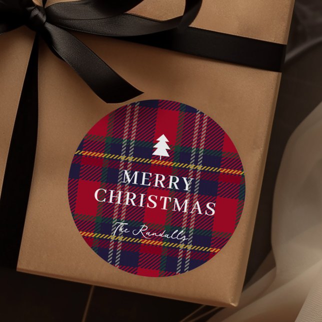 Adesivo Árvore de Natal Xadrez Moderna (Rustic red plaid Christmas tree gift tag sticker.)
