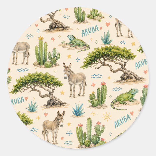Adesivo Árvore divi de Aruba, burro, iguana, cacto (Frente)