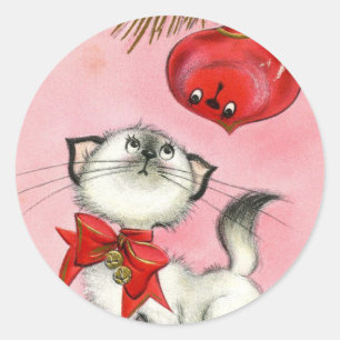 Adesivo Árvore Gata Rosa De Natal Bonita Gatinho Vintage