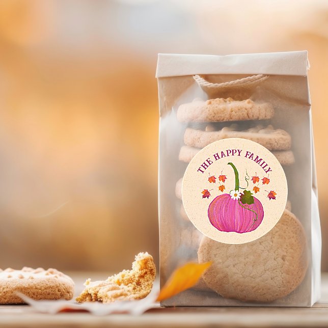 Adesivo As abóboras de ação de graças caem personalizam a  (Thanksgiving Fall Pumpkin Pink Packaging and Party Favor Bags. Easy to personalize)