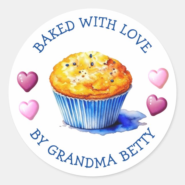 Adesivo Assados com Amor, Muffins de Mirtilo Feitos à Mão (Frente)