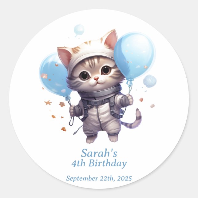 Adesivo Astronauta de Gato para Crianças: Festa de anivers (Frente)