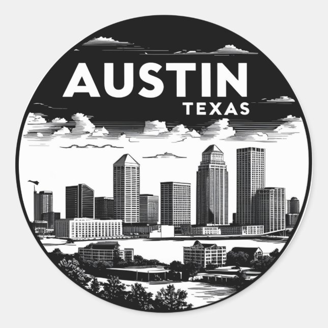 Adesivo Austin City Texas Skyline Retro Black & White Art (Frente)