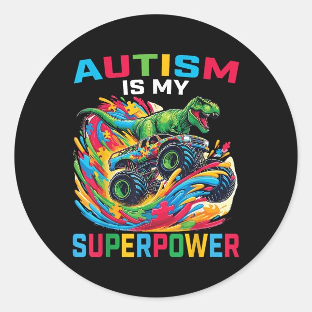 Adesivo Autismo É Meu Superpoder Dino T Rex Monster Truck  (Frente)