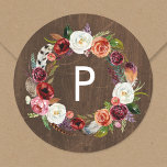 Adesivo Autumn Boho Blooms Wreath Wedch Monograma<br><div class="desc">Etiquetas redondas com impressão personalizada, com uma coroa floral de cor aquosa, em cores de queda rústica, num fundo de madeira falsa. Personalize-o com o seu monograma inicial ou outro texto personalizado. Use as ferramentas de design para alterar as fontes de texto e as cores ou adicionar suas próprias fotos...</div>