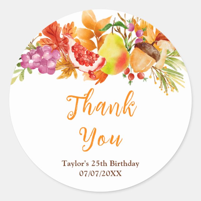 Adesivo Autumn Fall Harvest Birthday Party Thank You (Frente)