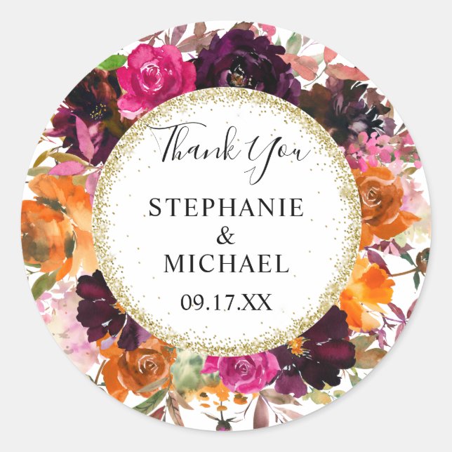 Adesivo Autumn Floral Dourado Glitter Wedk - Obrigado (Frente)